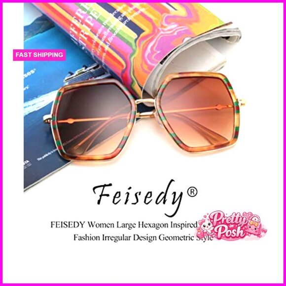 Large Hexagon Geometric Sunglasses, Plastic Metal Frame, UV400 Protection main image 5